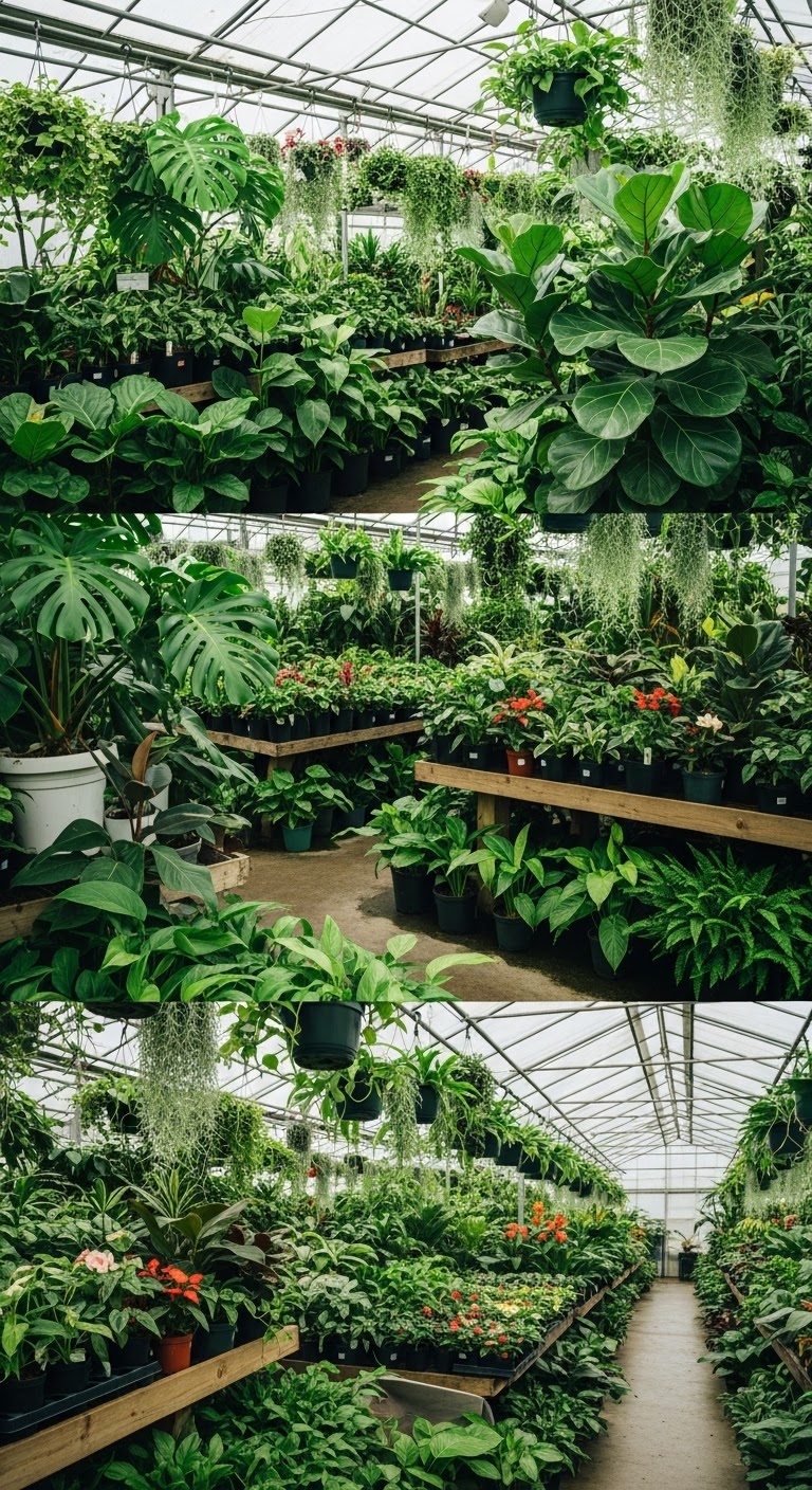 Lush greenhouse rows with hanging plants